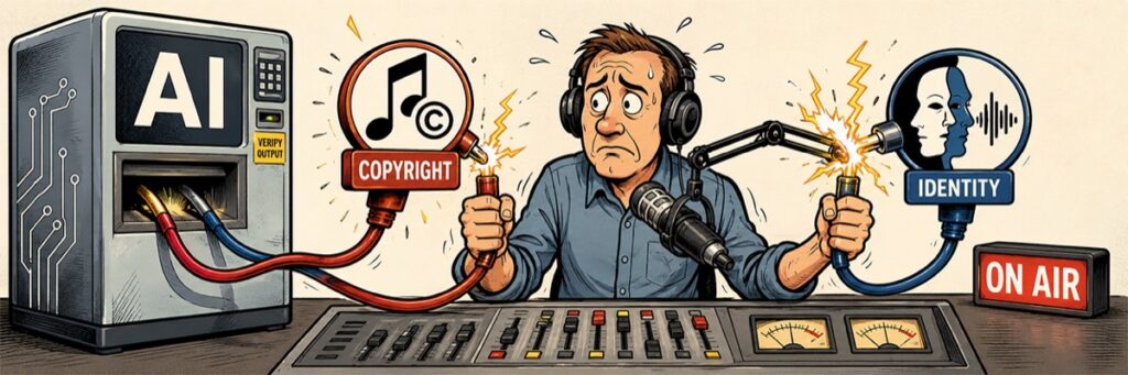An anxious radio host holds two sparking cables from an AI machine labeled Copyright and Identity while sitting at an on-air console