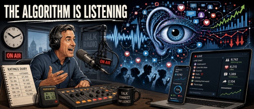 A radio broadcaster at a microphone surrounded by digital platform and audience signals, illustrating algorithmic distribution