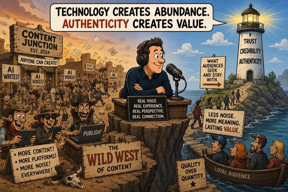 A broadcaster’s authentic voice guides a loyal audience from an overcrowded AI content frontier toward a lighthouse labeled trust and credibility