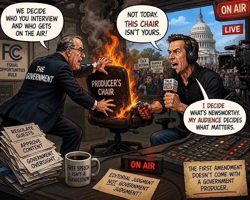 A talk-radio host defends a burning producer’s chair from a government official, illustrating editorial judgment and the FCC equal opportunities rule
